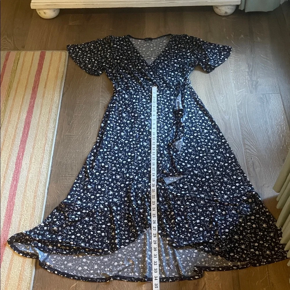 Muse Petite Asymmetrical Navy and grey Floral Dress - Picture 2 of 5